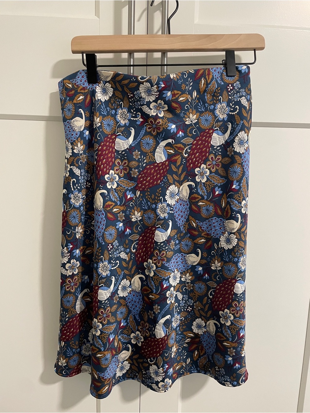 LOFT Peacock Print Satin Bias Midi Skirt